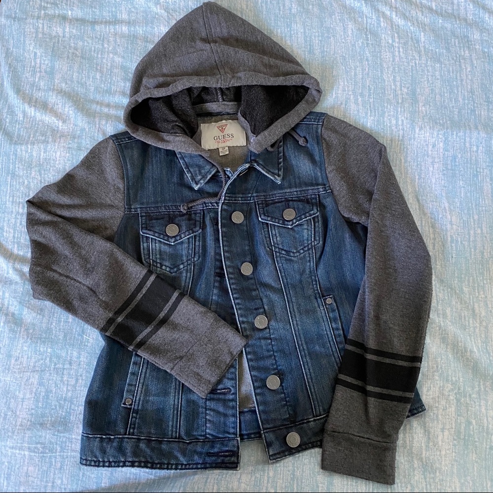 GUESS Denim Sweater Jacket with Removable Hood